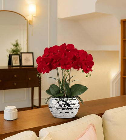 Red Orchid Artificial Flowers 18" Large Silk Orchid with Silver Ceramic Pots Fake Orchid Arrangement for Home Office Bathroom Living Room Table Decoration