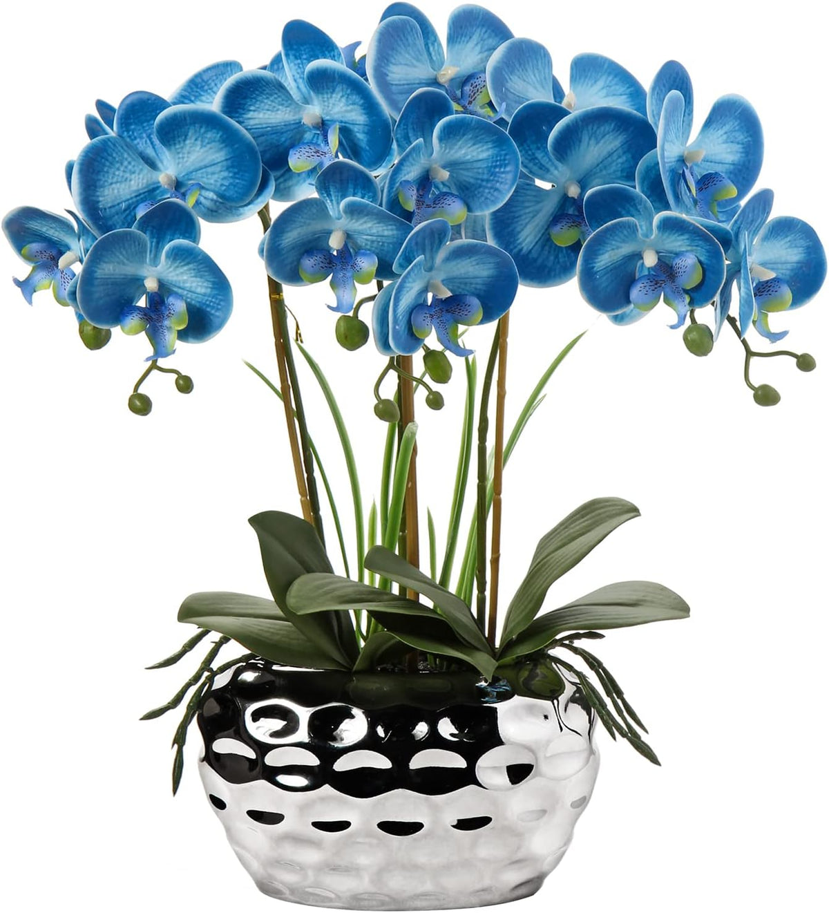 Red Orchid Artificial Flowers 18" Large Silk Orchid with Silver Ceramic Pots Fake Orchid Arrangement for Home Office Bathroom Living Room Table Decoration