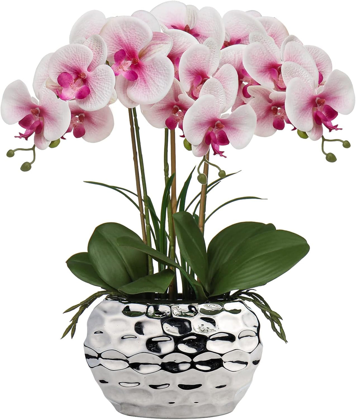 Red Orchid Artificial Flowers 18" Large Silk Orchid with Silver Ceramic Pots Fake Orchid Arrangement for Home Office Bathroom Living Room Table Decoration