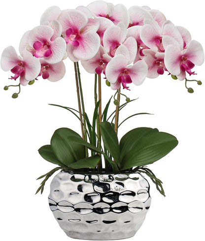Red Orchid Artificial Flowers 18" Large Silk Orchid with Silver Ceramic Pots Fake Orchid Arrangement for Home Office Bathroom Living Room Table Decoration