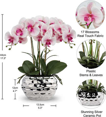 Red Orchid Artificial Flowers 18" Large Silk Orchid with Silver Ceramic Pots Fake Orchid Arrangement for Home Office Bathroom Living Room Table Decoration