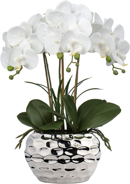 Red Orchid Artificial Flowers 18" Large Silk Orchid with Silver Ceramic Pots Fake Orchid Arrangement for Home Office Bathroom Living Room Table Decoration