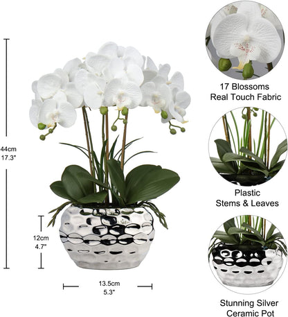 Red Orchid Artificial Flowers 18" Large Silk Orchid with Silver Ceramic Pots Fake Orchid Arrangement for Home Office Bathroom Living Room Table Decoration