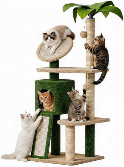 57" Multi-Level Cat Tower with Hammock, Coconut Cat Tree with Green Leaves, Plush Cat House with Hang Ball Toy and Sisal Scratching Posts Furniture, Green
