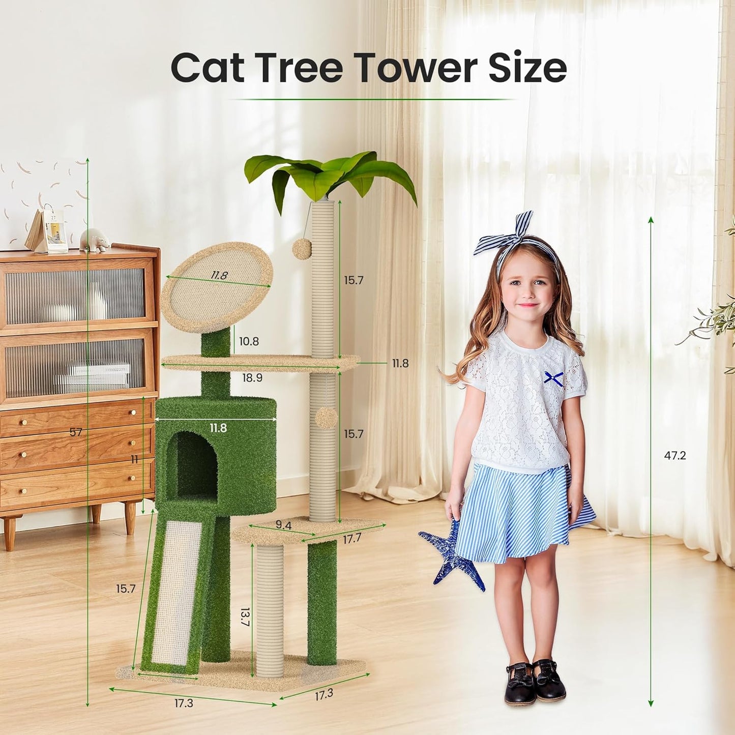 57" Multi-Level Cat Tower with Hammock, Coconut Cat Tree with Green Leaves, Plush Cat House with Hang Ball Toy and Sisal Scratching Posts Furniture, Green