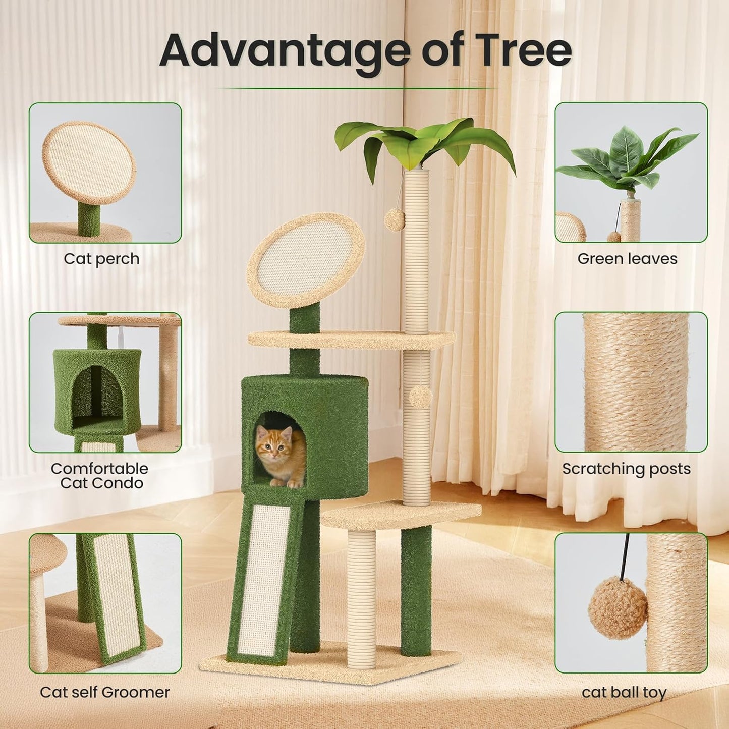 57" Multi-Level Cat Tower with Hammock, Coconut Cat Tree with Green Leaves, Plush Cat House with Hang Ball Toy and Sisal Scratching Posts Furniture, Green