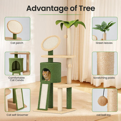 57" Multi-Level Cat Tower with Hammock, Coconut Cat Tree with Green Leaves, Plush Cat House with Hang Ball Toy and Sisal Scratching Posts Furniture, Green