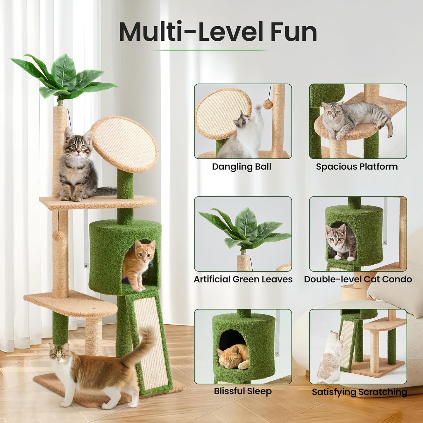 57" Multi-Level Cat Tower with Hammock, Coconut Cat Tree with Green Leaves, Plush Cat House with Hang Ball Toy and Sisal Scratching Posts Furniture, Green