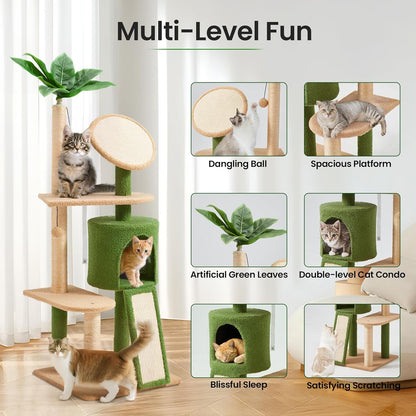 57" Multi-Level Cat Tower with Hammock, Coconut Cat Tree with Green Leaves, Plush Cat House with Hang Ball Toy and Sisal Scratching Posts Furniture, Green