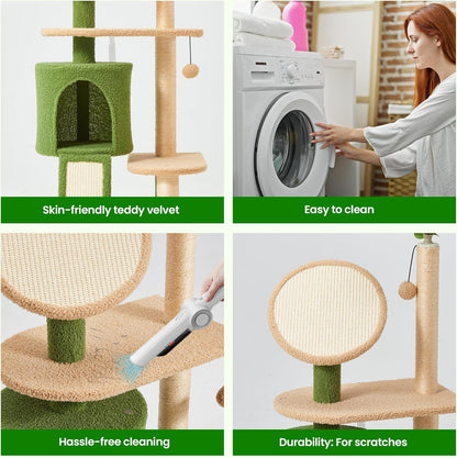 57" Multi-Level Cat Tower with Hammock, Coconut Cat Tree with Green Leaves, Plush Cat House with Hang Ball Toy and Sisal Scratching Posts Furniture, Green