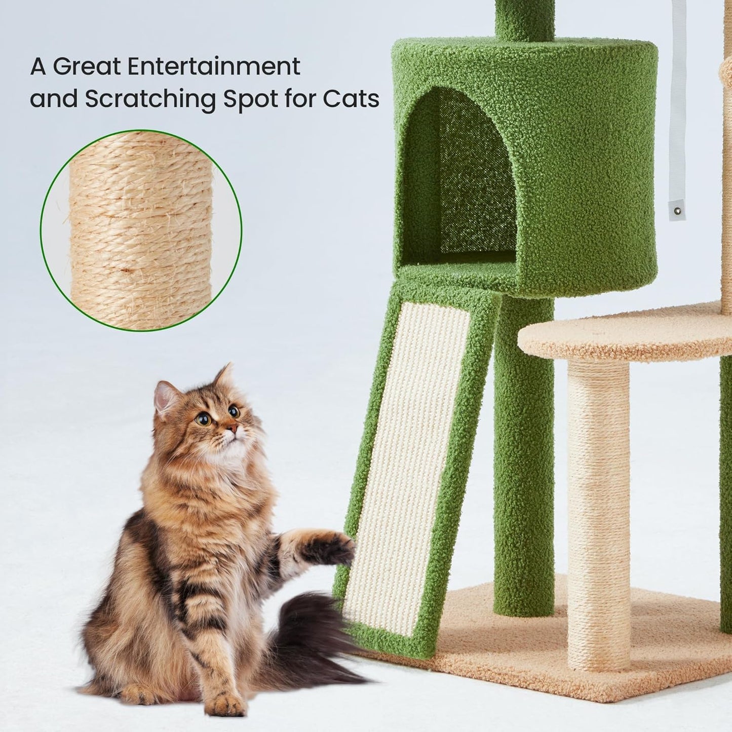57" Multi-Level Cat Tower with Hammock, Coconut Cat Tree with Green Leaves, Plush Cat House with Hang Ball Toy and Sisal Scratching Posts Furniture, Green