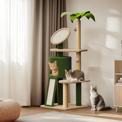 57" Multi-Level Cat Tower with Hammock, Coconut Cat Tree with Green Leaves, Plush Cat House with Hang Ball Toy and Sisal Scratching Posts Furniture, Green