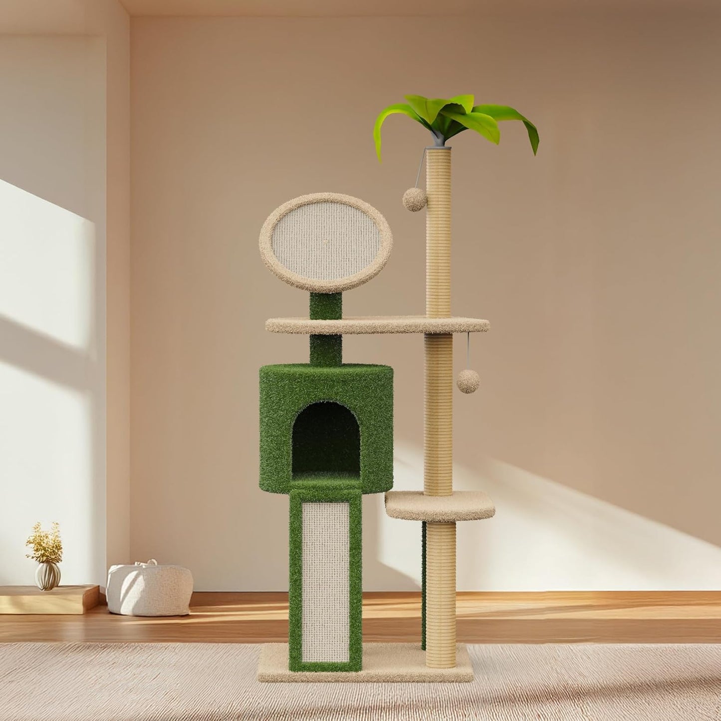 57" Multi-Level Cat Tower with Hammock, Coconut Cat Tree with Green Leaves, Plush Cat House with Hang Ball Toy and Sisal Scratching Posts Furniture, Green