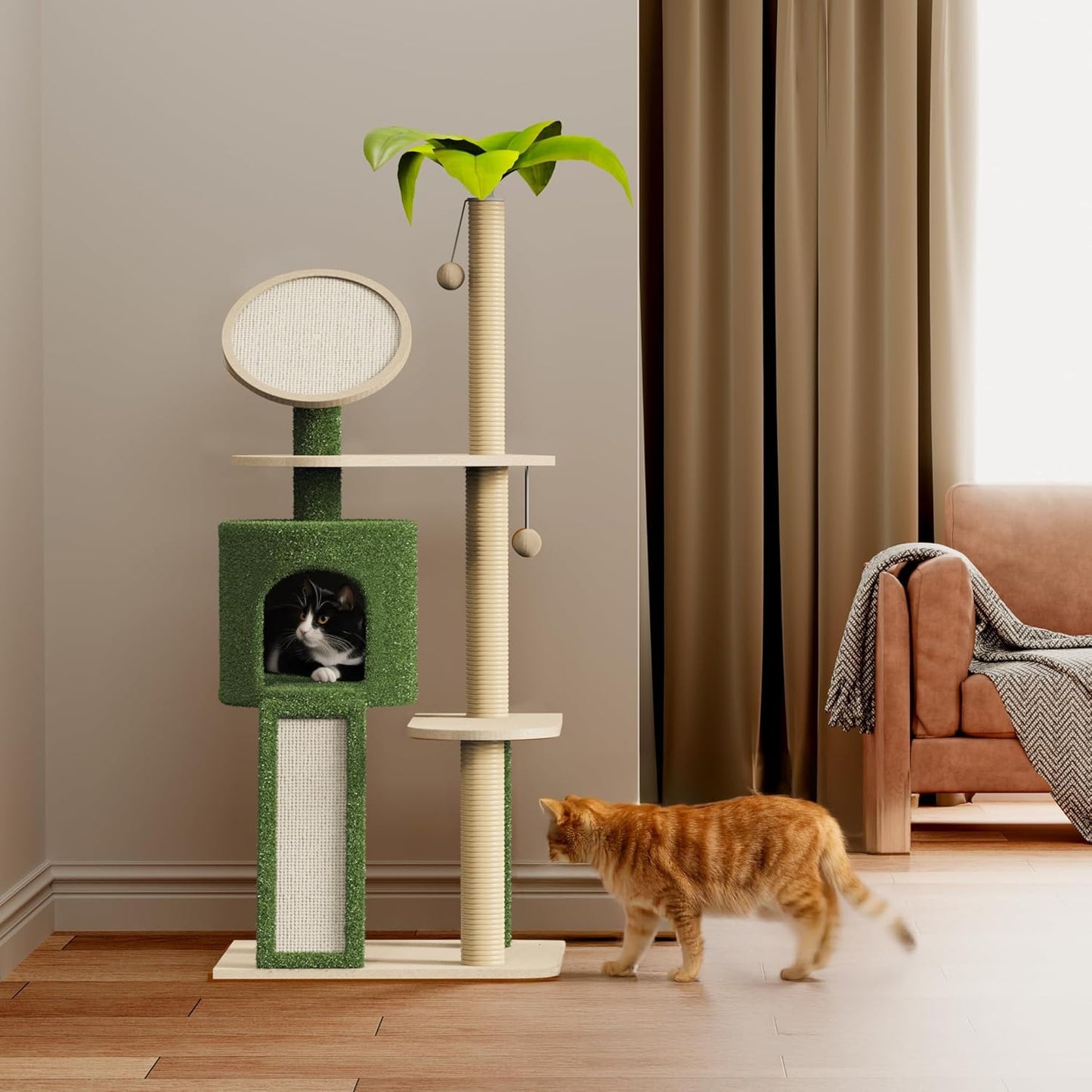 57" Multi-Level Cat Tower with Hammock, Coconut Cat Tree with Green Leaves, Plush Cat House with Hang Ball Toy and Sisal Scratching Posts Furniture, Green