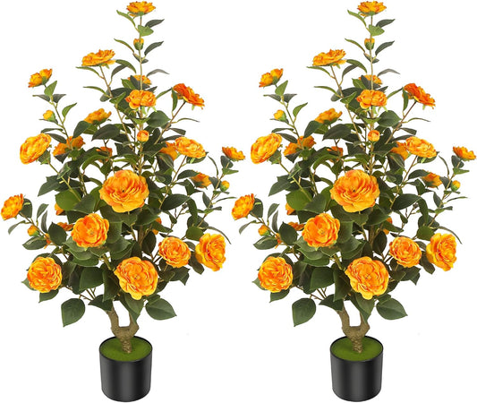 1Pack 4FT Artificial Camellia Trees with 36pcs Flowers in Cement Pots – Lifelike Fake Trees for Front Porch, Home, Indoor Outdoor Spring Decor, Office or Housewarming Gifts (Orange)