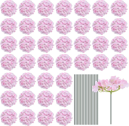 Silk Artificial Hydrangea Flowers, Pink Artificial Flowers Heads with Stems, Full Hydrangea Flowers for Wedding Centerpieces, Party Decoration 30 Set
