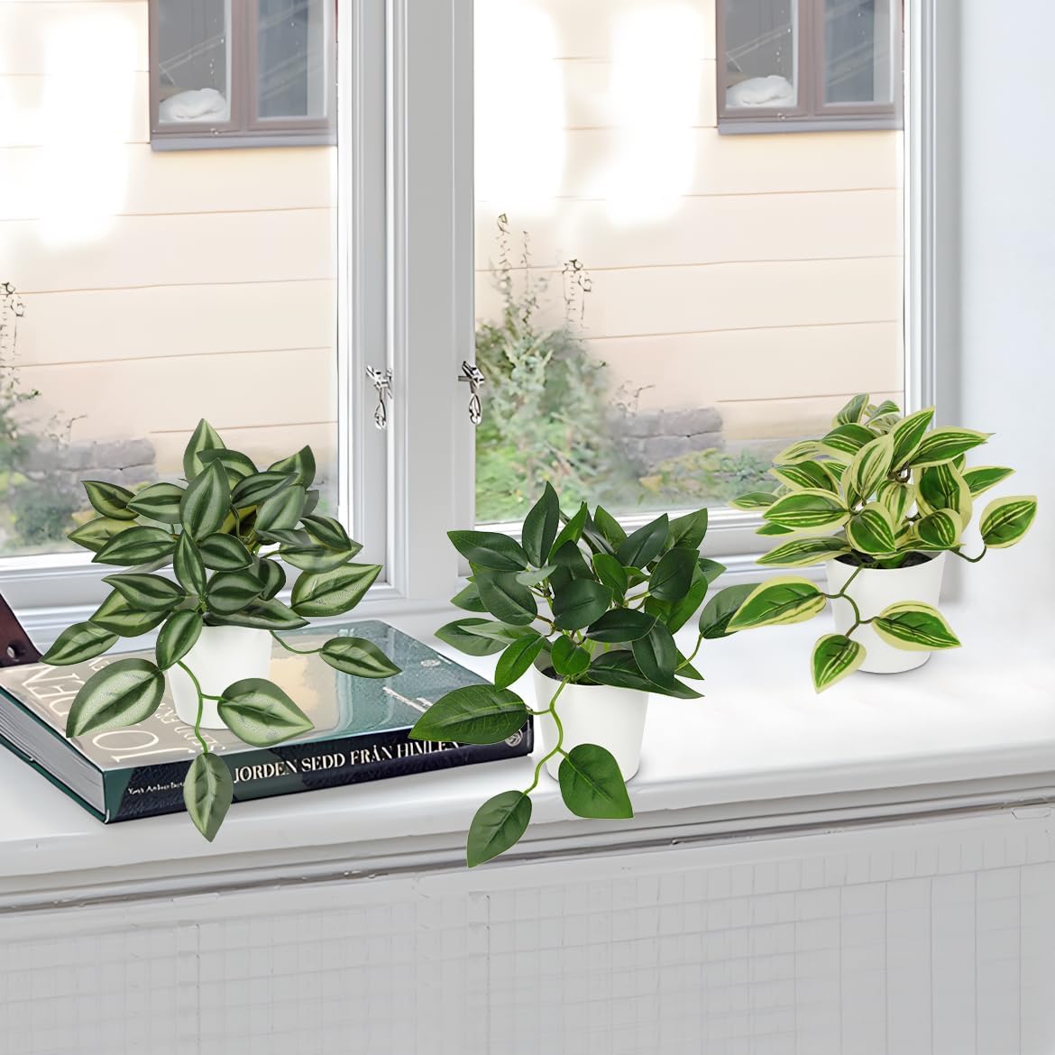 Artificial English Ivy Hanging Plants 2pcs Faux Ivy Vines with Black Pot Small Fake Potted Greenery Plant for Indoor Home Aesthetic Living Room Bathroom Desk Shelf Office Decor