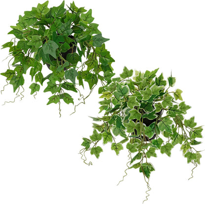 Artificial English Ivy Hanging Plants 2pcs Faux Ivy Vines with Black Pot Small Fake Potted Greenery Plant for Indoor Home Aesthetic Living Room Bathroom Desk Shelf Office Decor