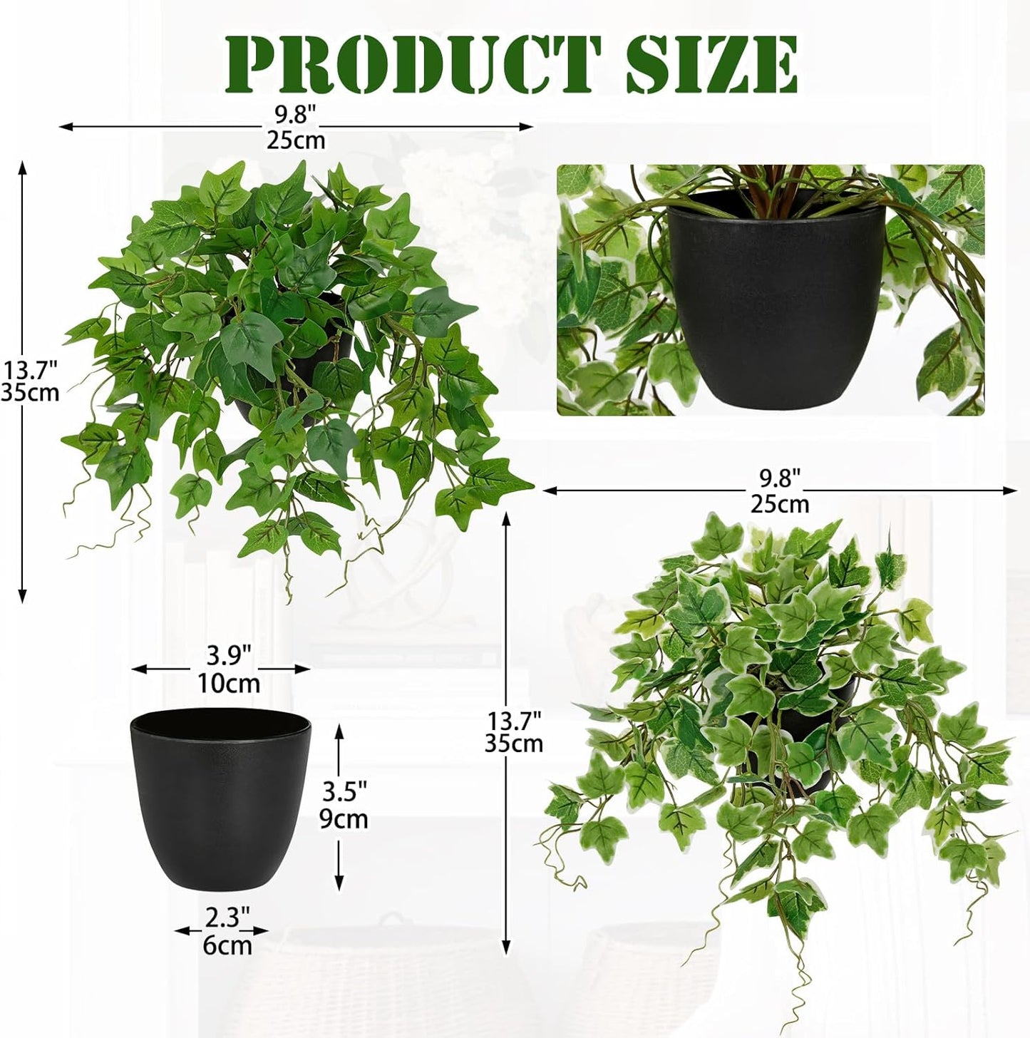 Artificial English Ivy Hanging Plants 2pcs Faux Ivy Vines with Black Pot Small Fake Potted Greenery Plant for Indoor Home Aesthetic Living Room Bathroom Desk Shelf Office Decor