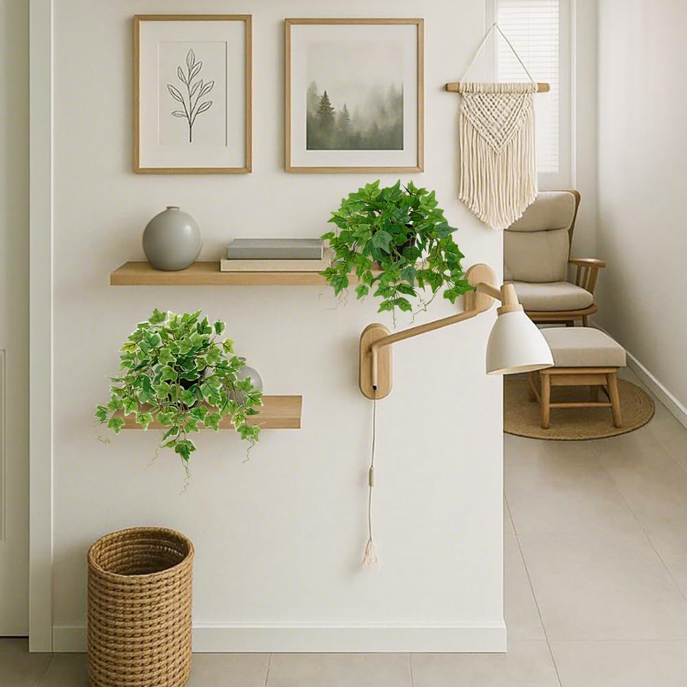 Artificial English Ivy Hanging Plants 2pcs Faux Ivy Vines with Black Pot Small Fake Potted Greenery Plant for Indoor Home Aesthetic Living Room Bathroom Desk Shelf Office Decor