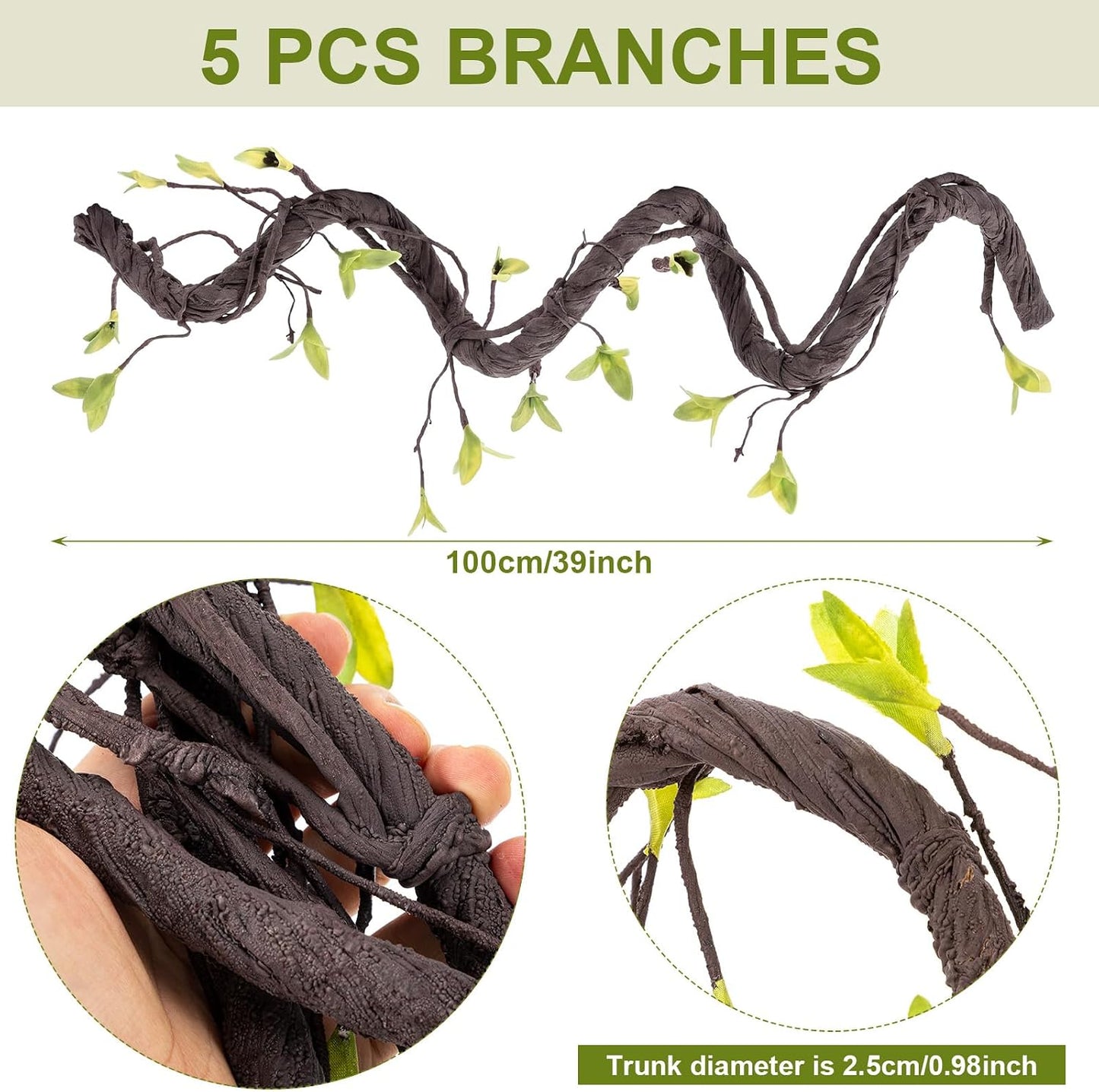5 Pcs 39in Artificial Bendable Tree Branches for Decoration Fake Trunk Garland Twigs Leaves Cherry Blossom Grape Vines for Wall Hanging Front Door Reptile Habitat Decoration (Fresh)