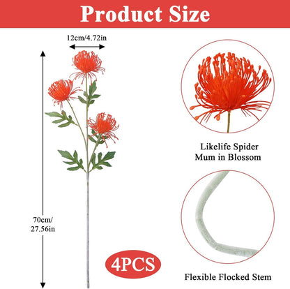 27.6" Fake Fall Mums Orange Mums with 3 Heads Fall Long Stem for Tall Vase