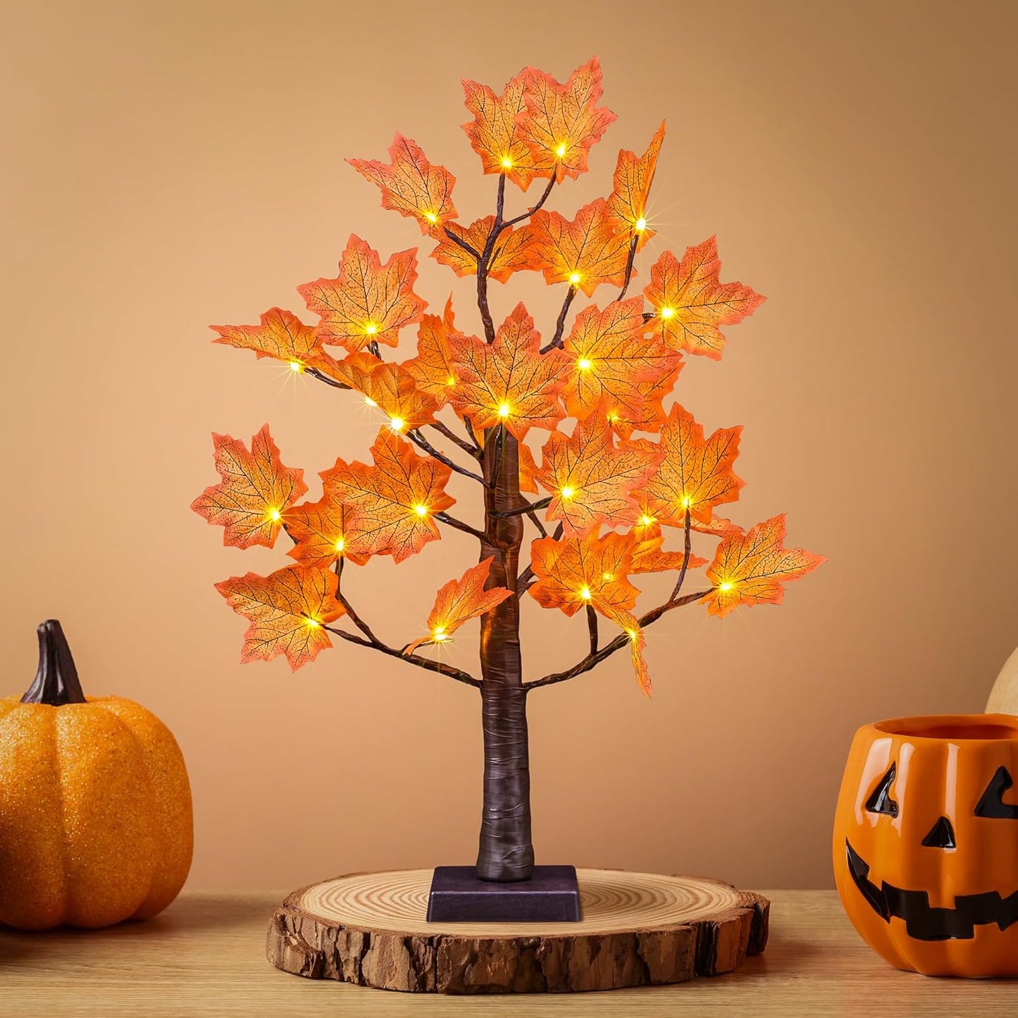6FT Artificial Lighted Maple Tree, 120LED Warm White, Fall Tree Decorations for Indoor & Outdoor, Autumn Harvest, Orange