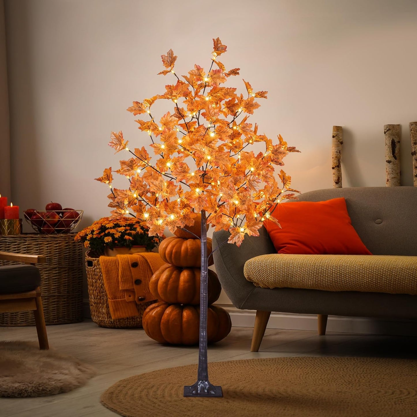 6FT Artificial Lighted Maple Tree, 120LED Warm White, Fall Tree Decorations for Indoor & Outdoor, Autumn Harvest, Orange
