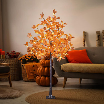 6FT Artificial Lighted Maple Tree, 120LED Warm White, Fall Tree Decorations for Indoor & Outdoor, Autumn Harvest, Orange