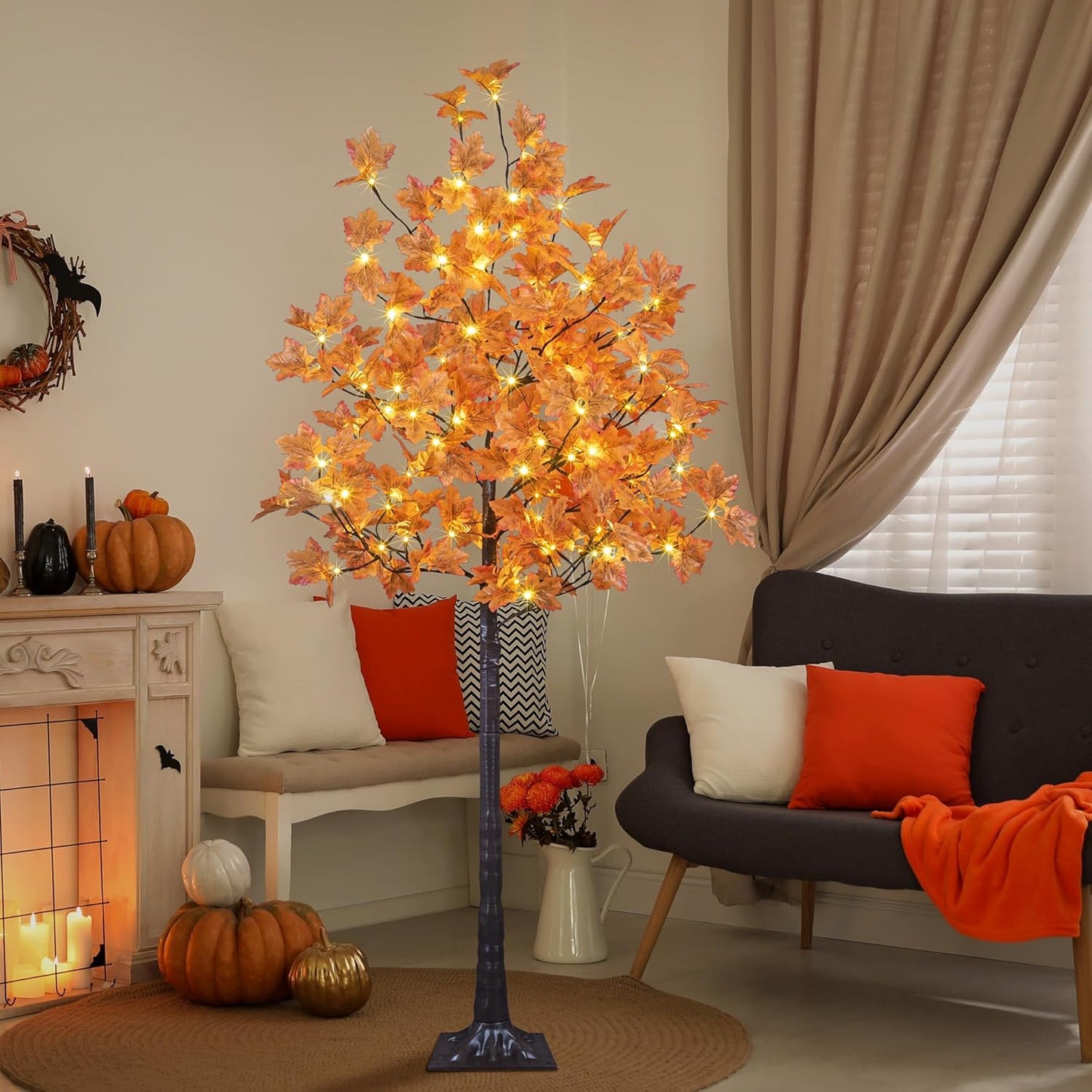6FT Artificial Lighted Maple Tree, 120LED Warm White, Fall Tree Decorations for Indoor & Outdoor, Autumn Harvest, Orange
