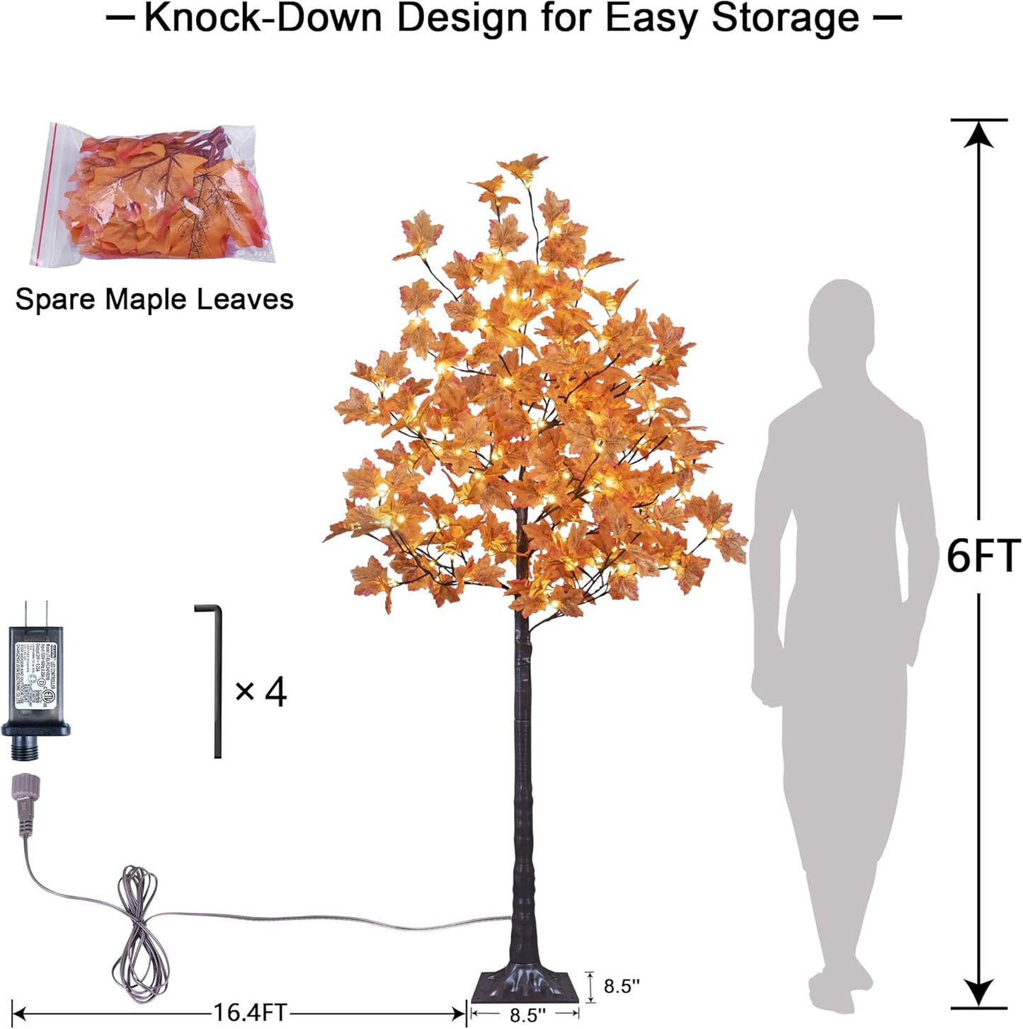 6FT Artificial Lighted Maple Tree, 120LED Warm White, Fall Tree Decorations for Indoor & Outdoor, Autumn Harvest, Orange