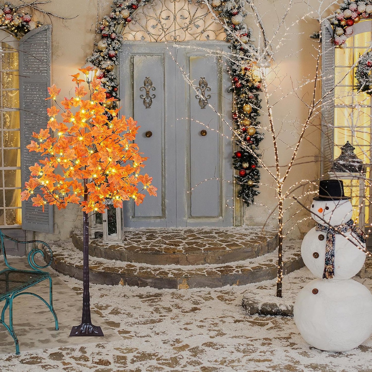 6FT Artificial Lighted Maple Tree, 120LED Warm White, Fall Tree Decorations for Indoor & Outdoor, Autumn Harvest, Orange