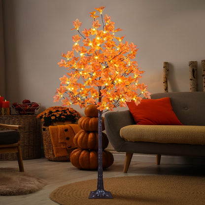 6FT Artificial Lighted Maple Tree, 120LED Warm White, Fall Tree Decorations for Indoor & Outdoor, Autumn Harvest, Orange