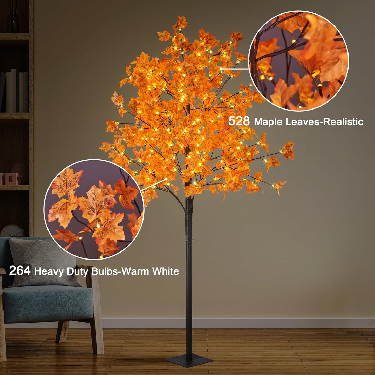 6FT Artificial Lighted Maple Tree, 120LED Warm White, Fall Tree Decorations for Indoor & Outdoor, Autumn Harvest, Orange