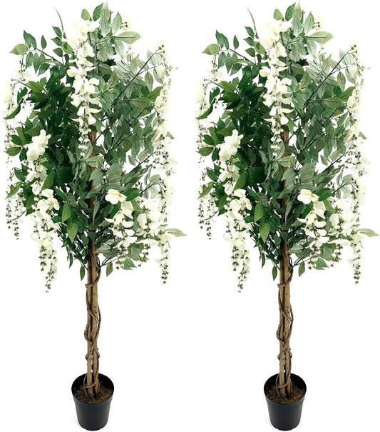 White Pair Gorgeous & Dense 5 Feet Artificial Silk Wisteria Trees with Flowers, with Nursery Pots, Feel Real Technology, 5'