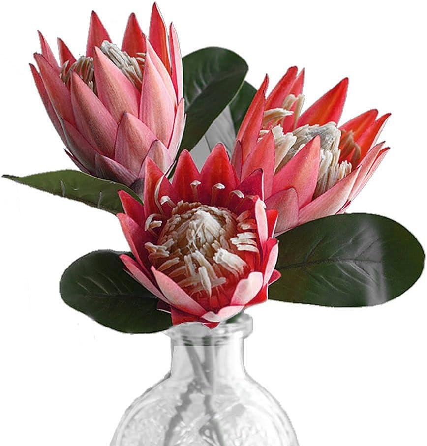 Artificial Flowers Fake Silk Protea Cynaroides Plastic Flower Arrangements Decor Bouquet for Wedding Table Centerpieces 3pcs (Pink Orange)