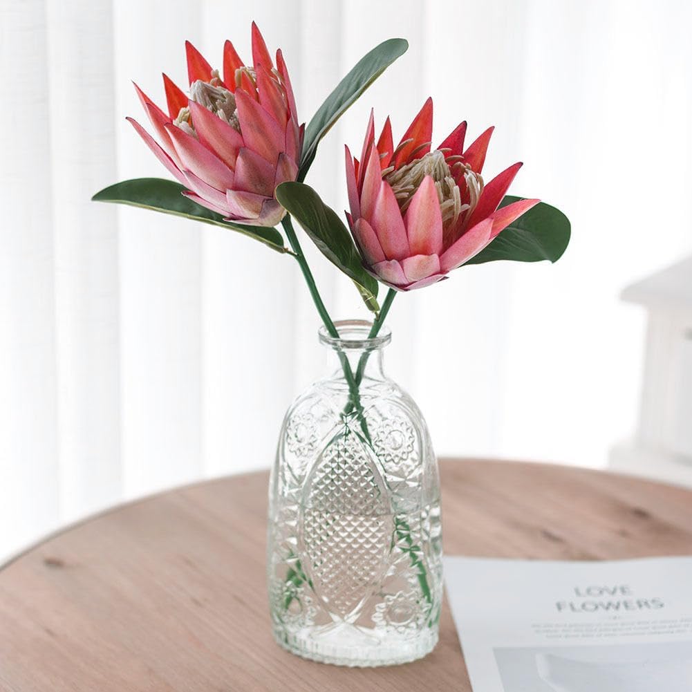 Artificial Flowers Fake Silk Protea Cynaroides Plastic Flower Arrangements Decor Bouquet for Wedding Table Centerpieces 3pcs (Pink Orange)