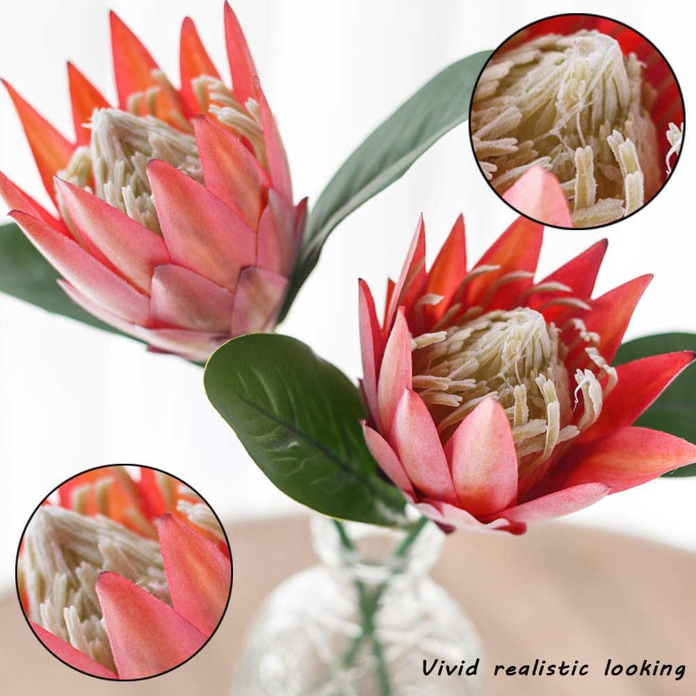 Artificial Flowers Fake Silk Protea Cynaroides Plastic Flower Arrangements Decor Bouquet for Wedding Table Centerpieces 3pcs (Pink Orange)