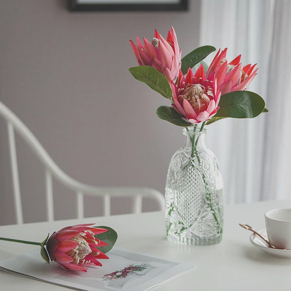 Artificial Flowers Fake Silk Protea Cynaroides Plastic Flower Arrangements Decor Bouquet for Wedding Table Centerpieces 3pcs (Pink Orange)