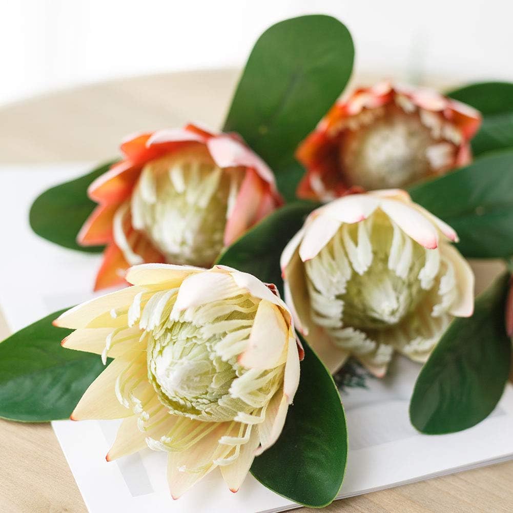 Artificial Flowers Fake Silk Protea Cynaroides Plastic Flower Arrangements Decor Bouquet for Wedding Table Centerpieces 3pcs (Pink Orange)