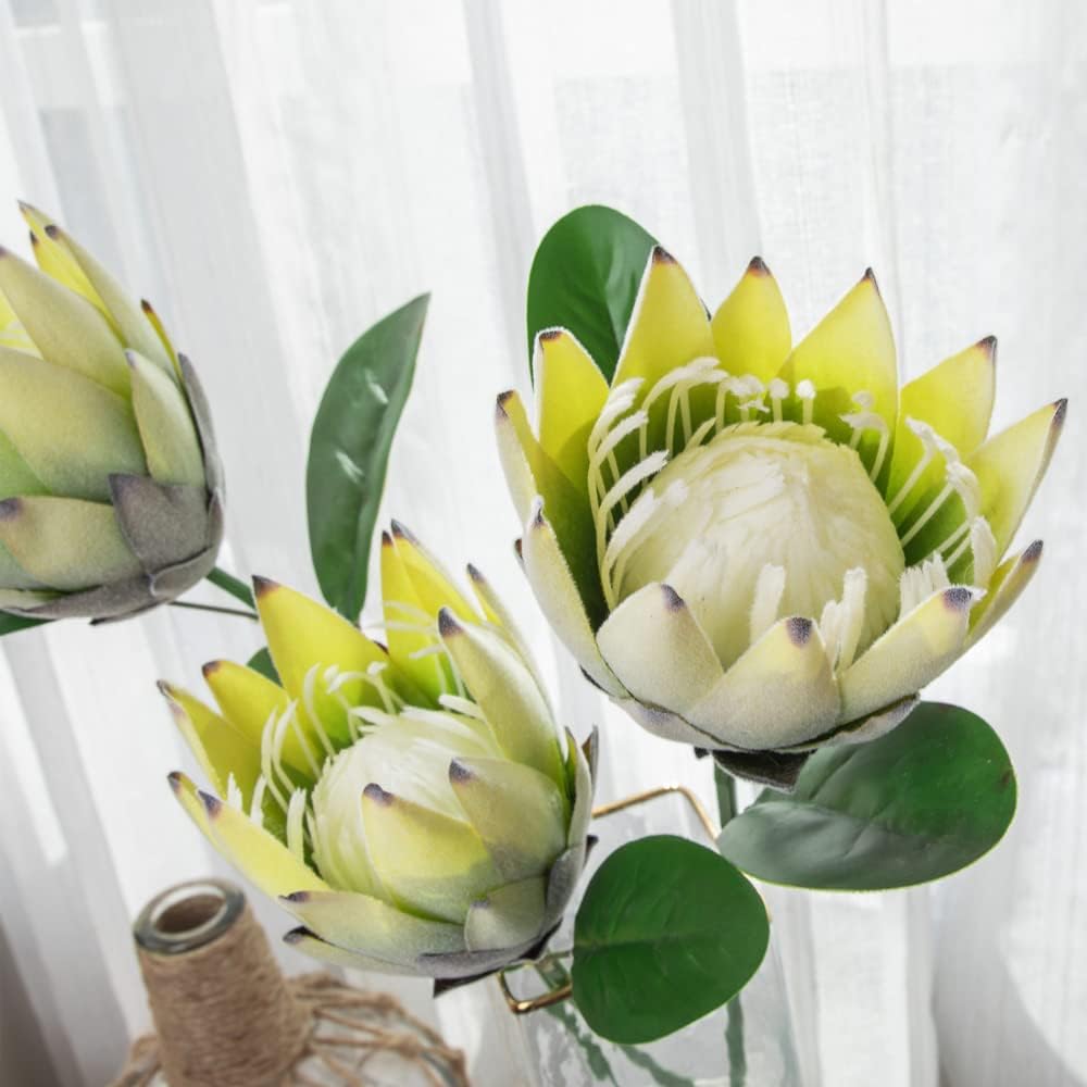 Artificial Flowers Fake Silk Protea Cynaroides Plastic Flower Arrangements Decor Bouquet for Wedding Table Centerpieces 3pcs (Pink Orange)