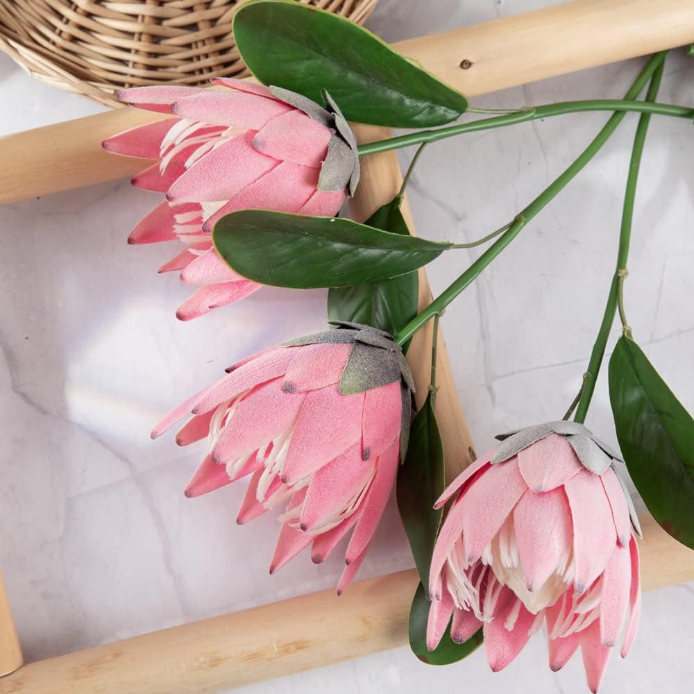 Artificial Flowers Fake Silk Protea Cynaroides Plastic Flower Arrangements Decor Bouquet for Wedding Table Centerpieces 3pcs (Pink Orange)
