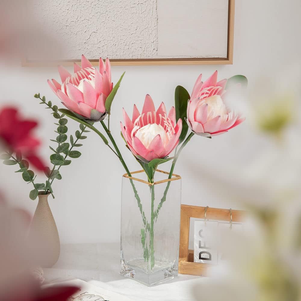 Artificial Flowers Fake Silk Protea Cynaroides Plastic Flower Arrangements Decor Bouquet for Wedding Table Centerpieces 3pcs (Pink Orange)