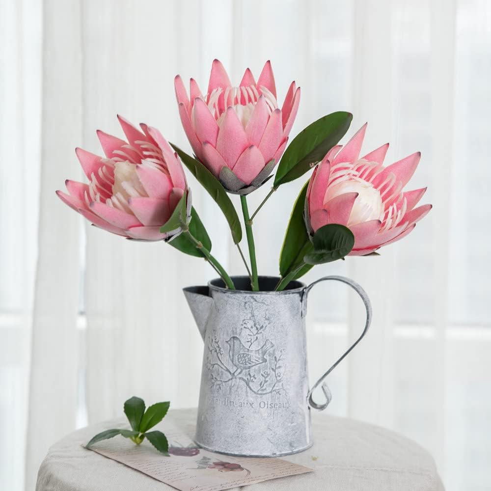 Artificial Flowers Fake Silk Protea Cynaroides Plastic Flower Arrangements Decor Bouquet for Wedding Table Centerpieces 3pcs (Pink Orange)
