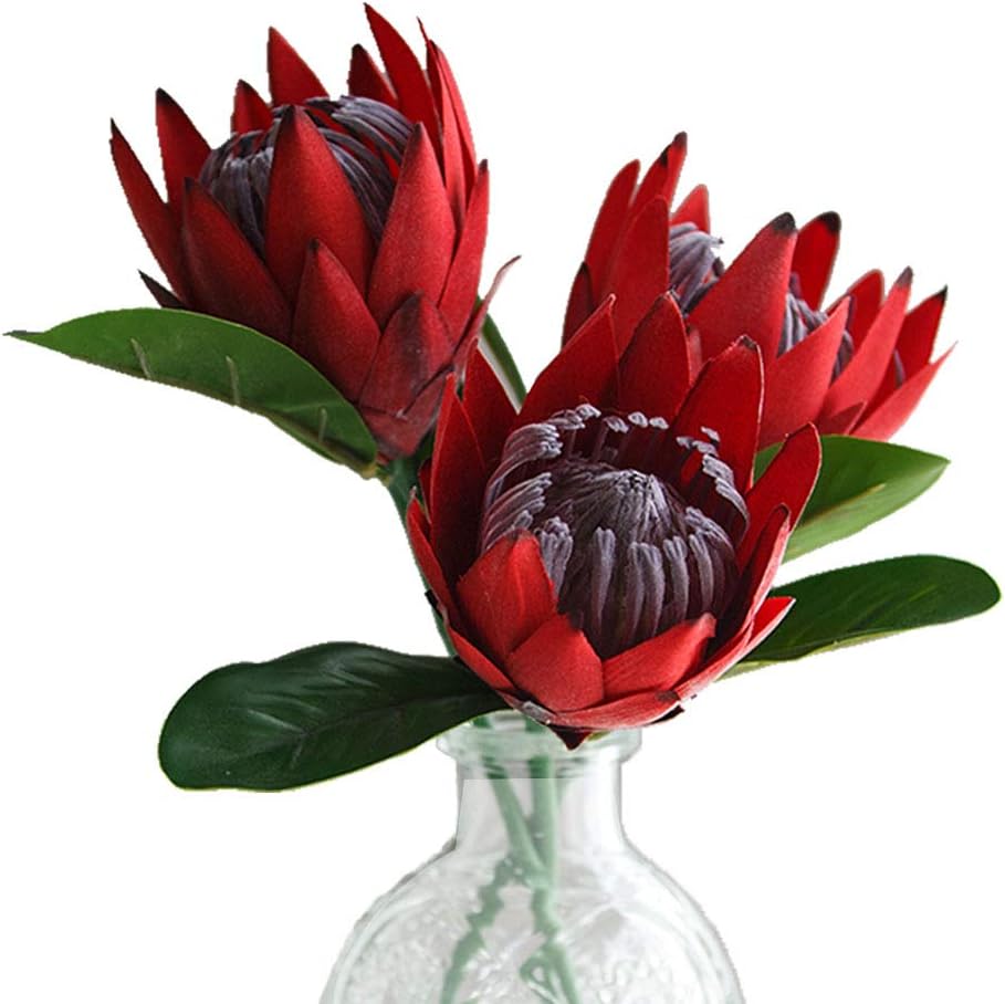 Artificial Flowers Fake Silk Protea Cynaroides Plastic Flower Arrangements Decor Bouquet for Wedding Table Centerpieces 3pcs (Pink Orange)