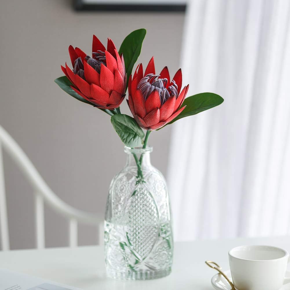 Artificial Flowers Fake Silk Protea Cynaroides Plastic Flower Arrangements Decor Bouquet for Wedding Table Centerpieces 3pcs (Pink Orange)