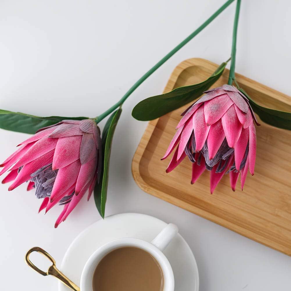 Artificial Flowers Fake Silk Protea Cynaroides Plastic Flower Arrangements Decor Bouquet for Wedding Table Centerpieces 3pcs (Pink Orange)