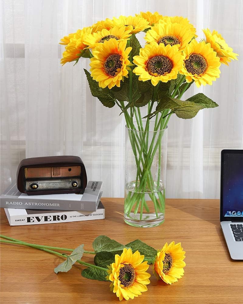 Artificial Sunflower Flowers Long Stem Silk Fake Large Sunflowers Decoration for Outdoor Home Wedding Baby Shower Birthday Party Single Bulk Yellow Fall Decor (Dark Center)