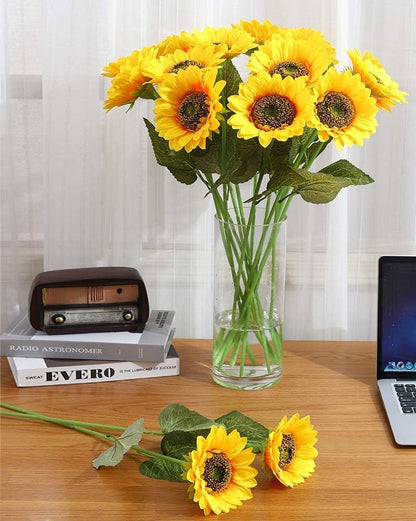 Artificial Sunflower Flowers Long Stem Silk Fake Large Sunflowers Decoration for Outdoor Home Wedding Baby Shower Birthday Party Single Bulk Yellow Fall Decor (Dark Center)