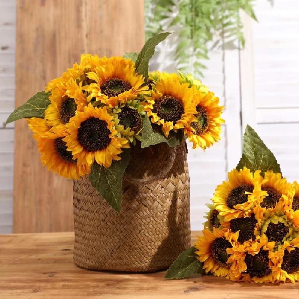 Artificial Sunflower Flowers Long Stem Silk Fake Large Sunflowers Decoration for Outdoor Home Wedding Baby Shower Birthday Party Single Bulk Yellow Fall Decor (Dark Center)